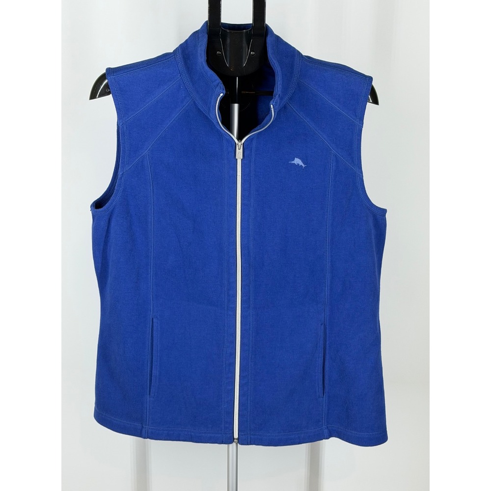 Tommy Bahama Womens Royal Blue Ribbed Full Zip Vest Mock Neck Marl Logo Large